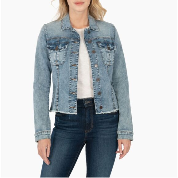 Kut from the Kloth Kara Frayed Raw Hem Denim Jacket Blue (S) - Picture 1 of 15